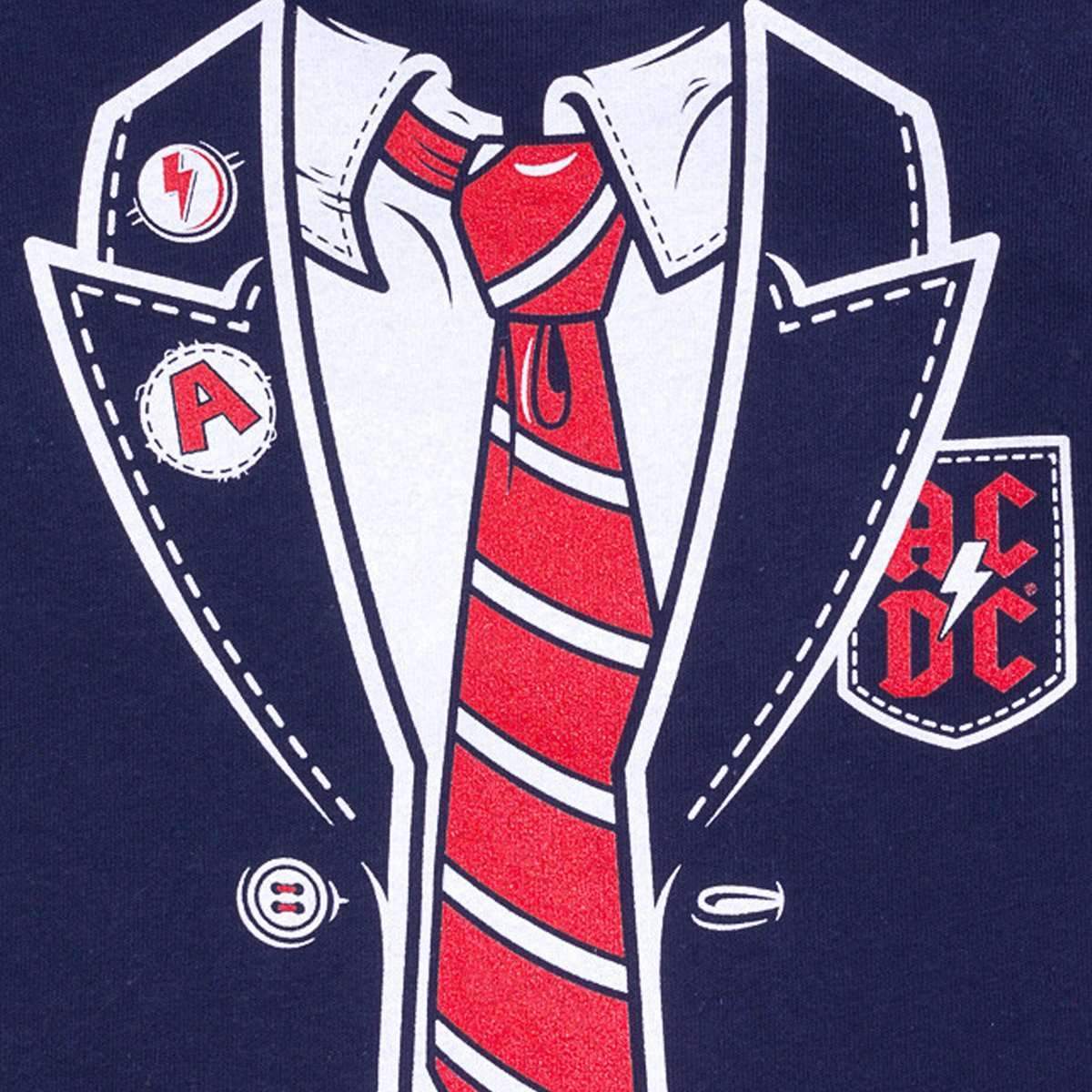 Kids ACDC Angus Young T-Shirt in red white and blue - close up detail