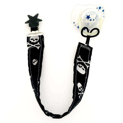 Baby teether dummy clips in black skull pattern