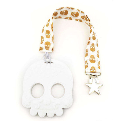 Baby teether dummy clips in gold skull pattern