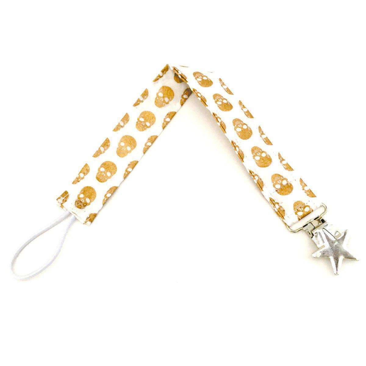 Baby teether dummy clips in gold skull pattern alt