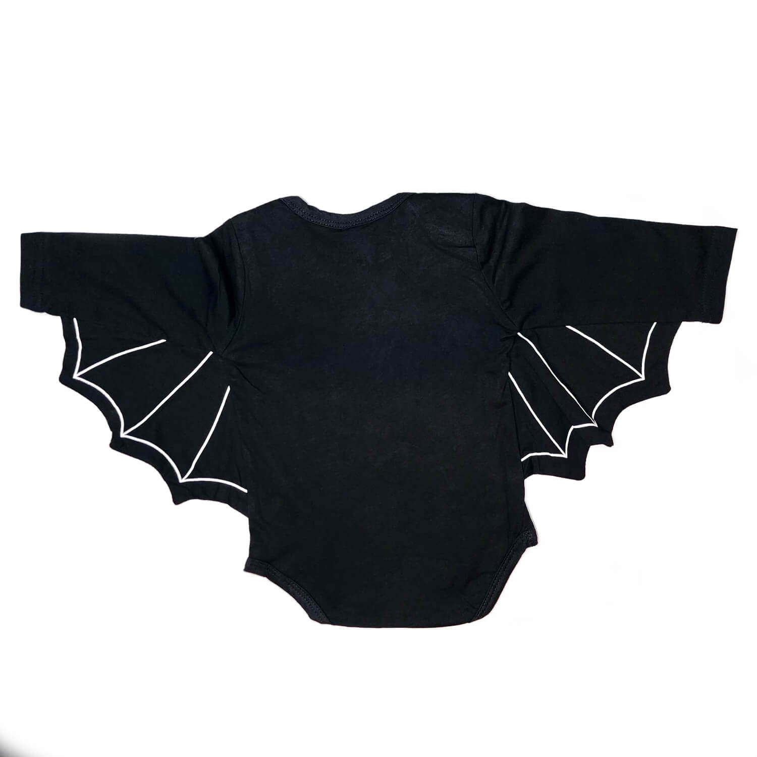 Black bat baby costume back- onesie with arms out to show wings