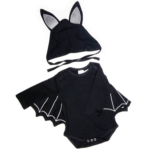 Black bat baby costume front - onesie and hat