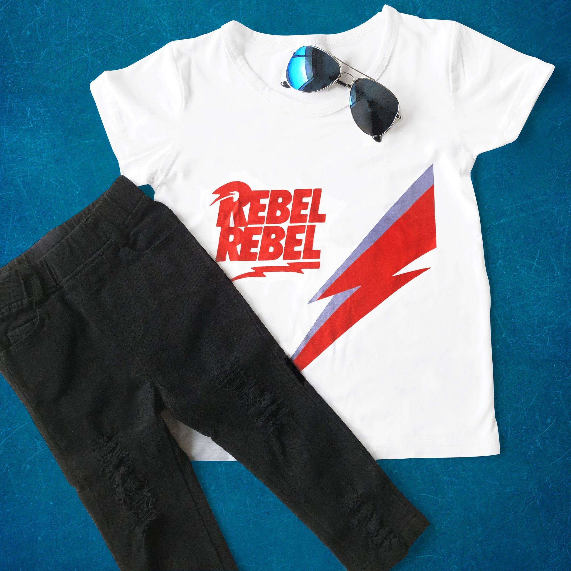 Kids jeans black ripped denim with Rebel Rebel kids t-shirt