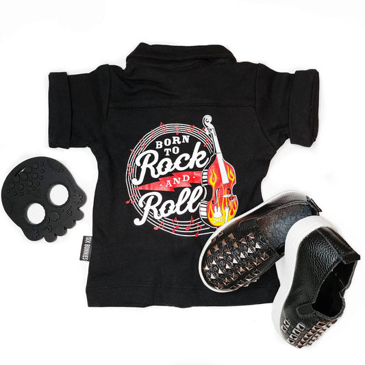 Black baby shirt with Born to rock  red, yellow and whitegraphic on the back