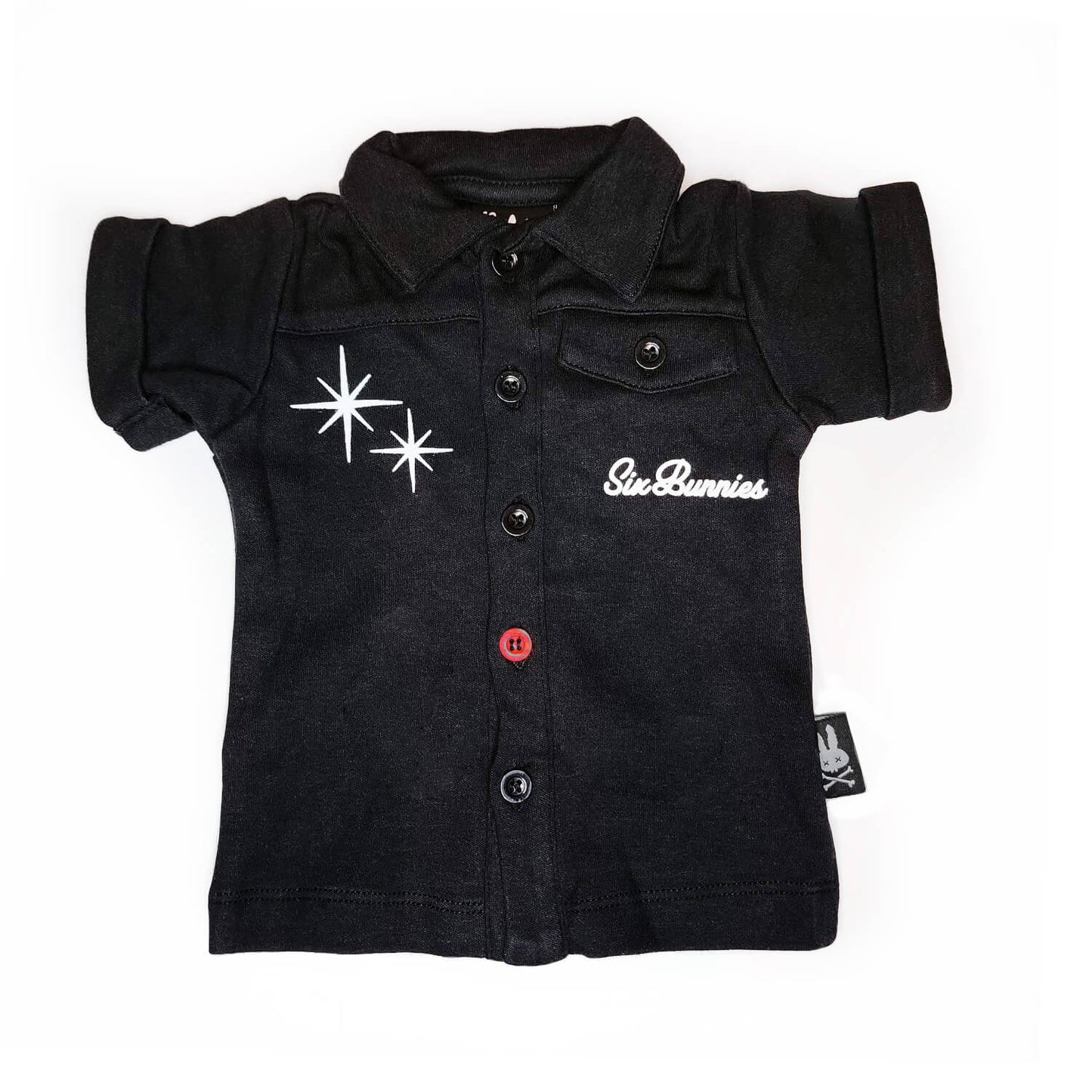 Black baby button up shirt with Born to rock on the back. 