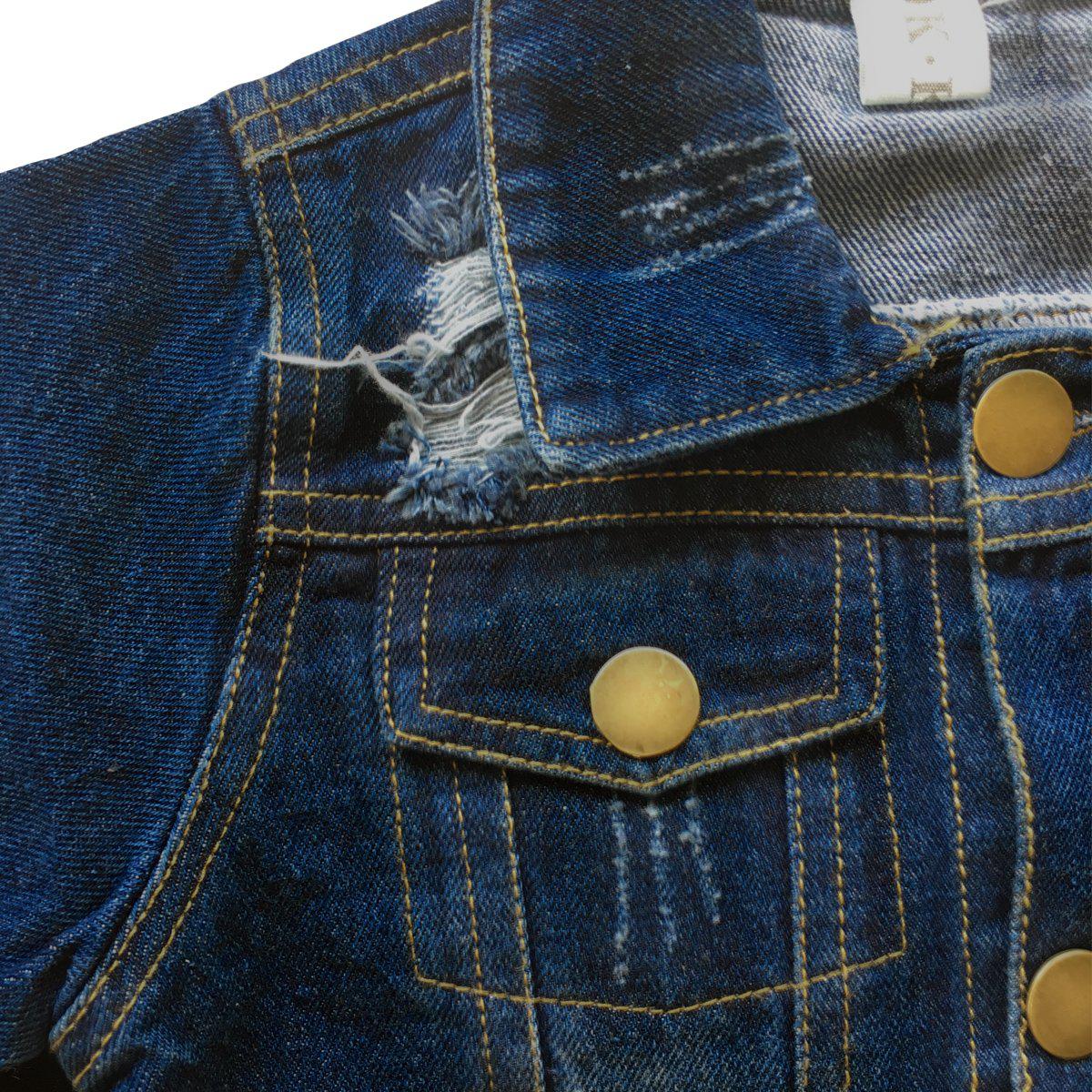 Long Sleeve Distressed Denim Jacket Button Detail