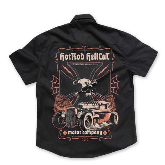 Boys shirt in black with orange and white Hotrod Hellcat design. Back view