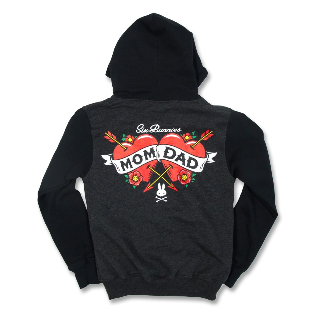 Kids zip up black hooded jacket with mom & dad tattoo style design on back