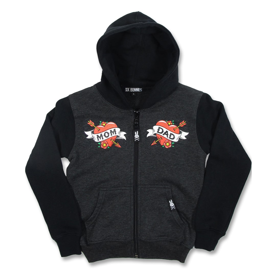 Kids zip up black hooded jacket with mom & dad tattoo style design with pocket on front