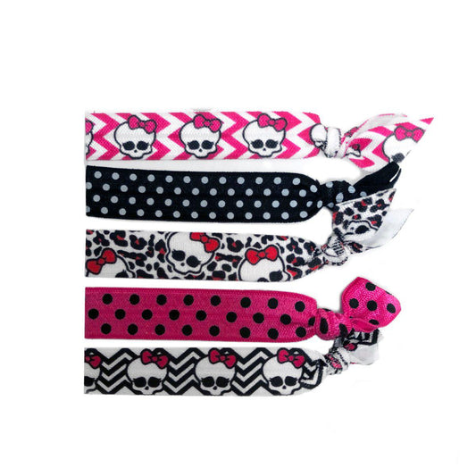 Punk rock style kids hair ties with skulls in black, white and pink